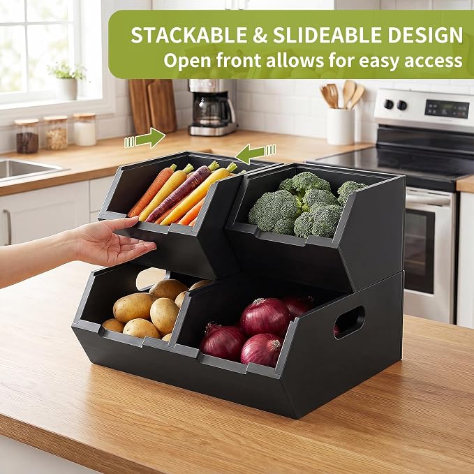 Bamboo Pantry Storage Bins, Potato and Onion Storage Bins for Countertop | Open Front Storage Bins, Large Capacity, Stackable Design, Cut-out Handles, FSC-certified Bamboo, No Assembly, Black