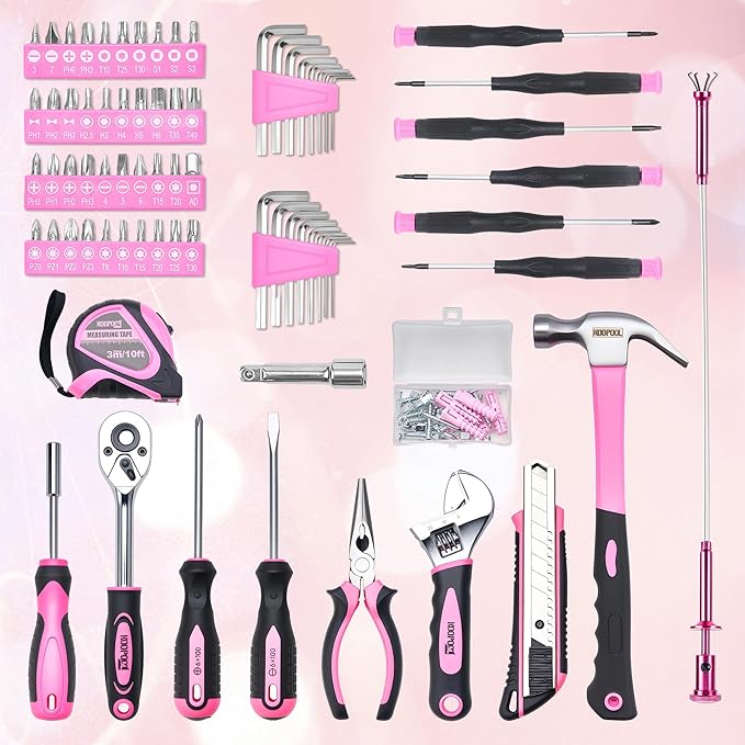 159 Piece Pink Tool Set, Tool Box Kit for Women Men, General Household Home Tool Kit, Basic Tool Kit for Home Auto Repair, with Storage Case