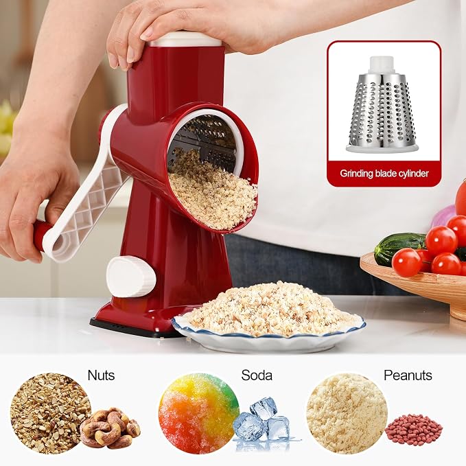 Rotary Cheese Grater Manual Hand Crank 3-in-1 Vegetable Shredder | Finger-safe design, stainless steel drums, suction base. Perfect for cheese, vegetables, nuts & chocolate. Easy to clean