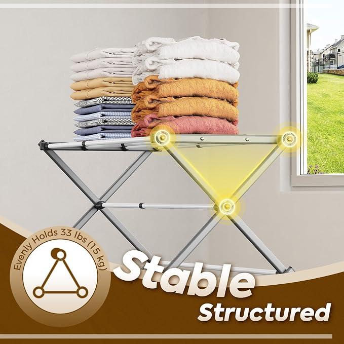 KINGBOARD 3-Tier Extendable Clothes Drying Rack, Foldable, White & Grey | 37.4"H x 33.8"W x 11.2"D, Space-Saving Collapsible, Easy Assembly, Rust-Resistant Iron Frame, Indoor Outdoor Use, 25lb