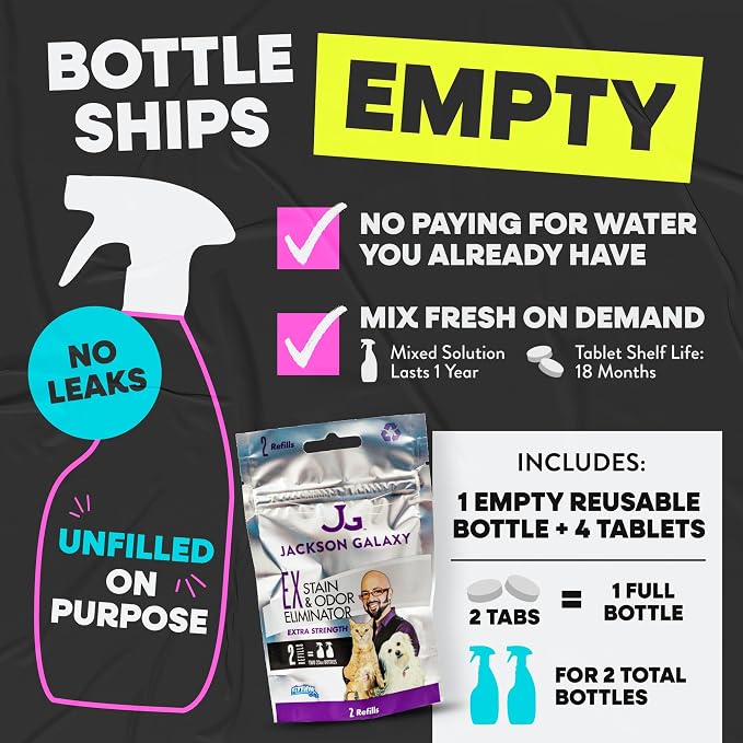 Jackson Galaxy EX Stain & Odor Eliminator, Cat & Dog Urine Remover, 23 oz | CO2 Powered Pet Pee Cleaner Spray, Reusable Bottle with Refill Included, Fast Acting on Carpet, Couch & Floors, Non-Toxic