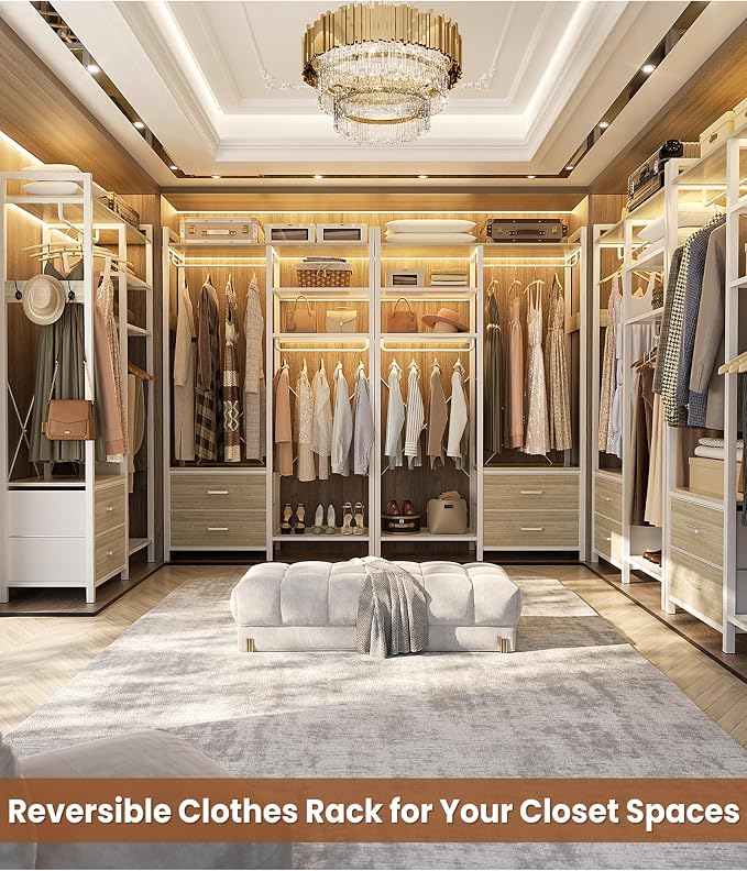 78.7'' Clothes Rack for Hanging Clothes - Reversible Clothing Rack with 2 Drawers, Heavy Duty Garment Racks with Shelves, 6 Tiers Freestanding Closet Wardrobe System with Hanging Hooks, White Oak