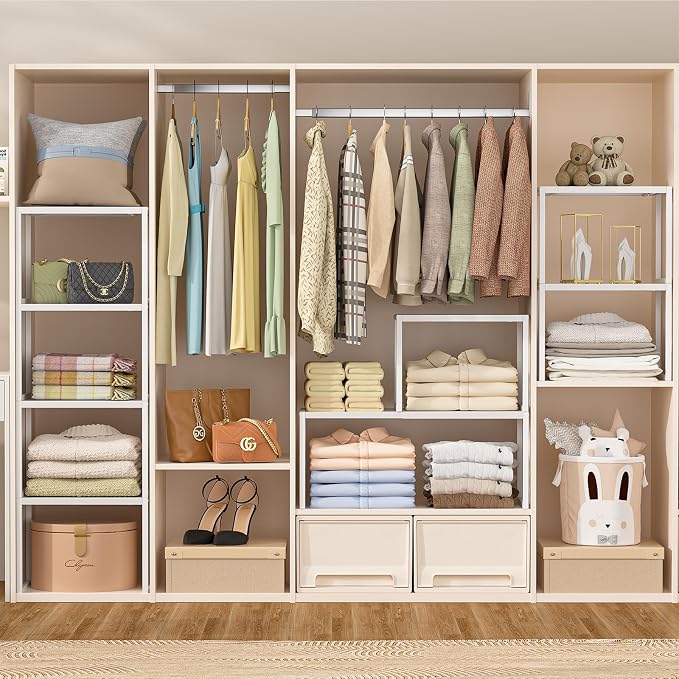 ThreeHio 2 Pack Stackable Closet Organizers and Storage Shelves, Expandable Metal Clothing Shelf, Adjustable Shelving Unit for Cabinet Wardrobe, Kitchen, Pantry, Sweater Clothes Cube Storage Organizer