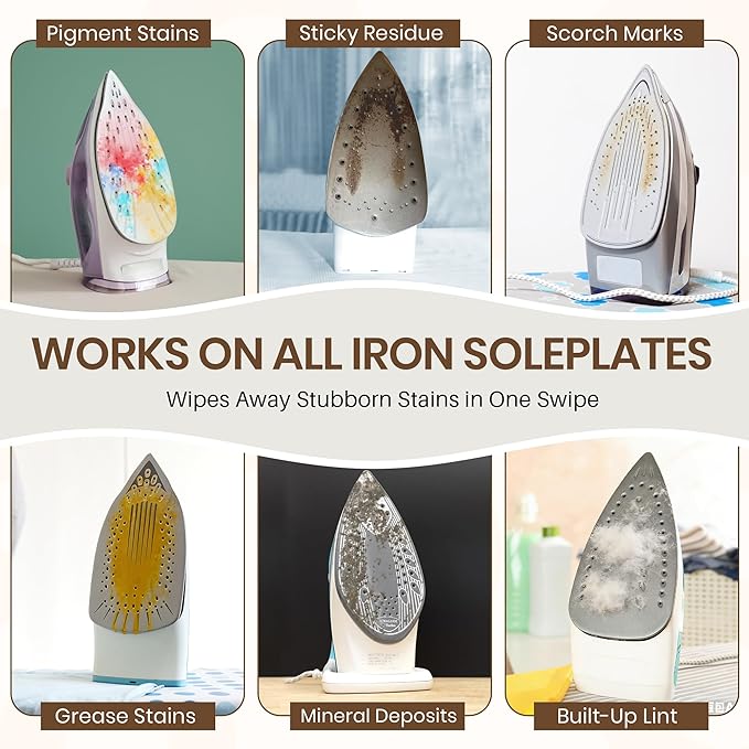 Iron Cleaner Kit for Steam Irons with Cleaning Cloth & Sponge Eraser, Non-Toxic Sole Plate Cleaner Removes Fabric Residue, Glue, Limescale, Starch & Burn Marks to Improve Glide