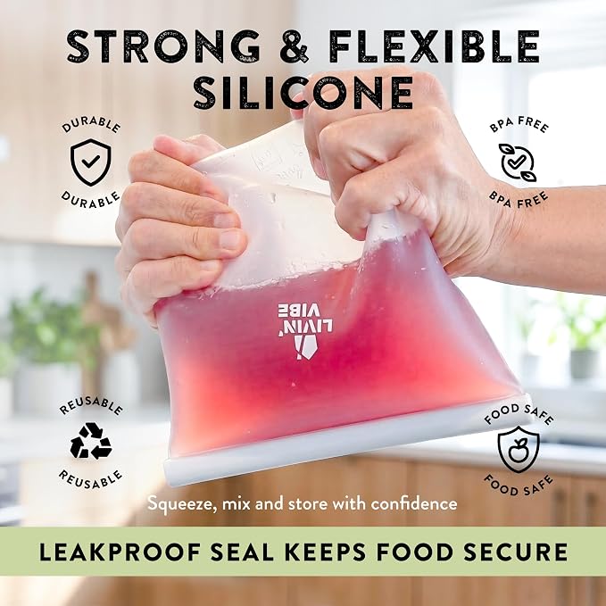 Reusable Silicone Food Storage Bags – Set of 4 Multicolor (500ml/17oz, 1000ml/34oz, 1500ml/51oz, 2000ml/68oz) – Leakproof, Freezer, Microwave, Oven & Dishwasher Safe, BPA-Free