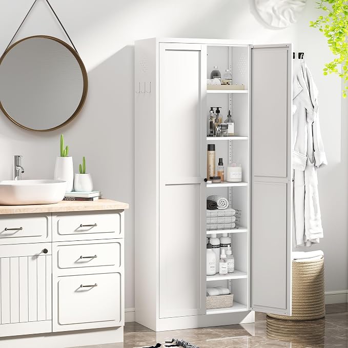 AQY 72" Pantry Cabinet, White Freestanding Storage Cabinet with 5 Adjustable Shelves, Metal Pantry Cupboard with Ventilation Design & Hanging Hooks, 2-Door Kitchen Organizer for Living Room Kitchen