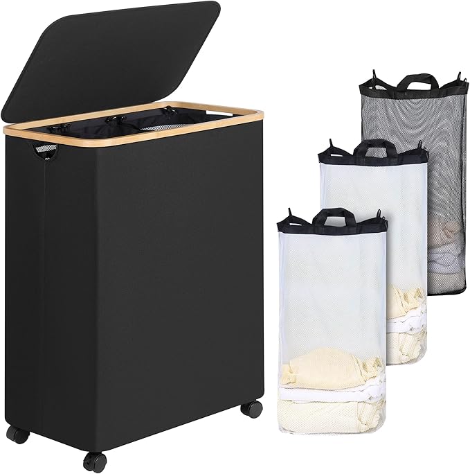 iEGrow Lagre Laundry Basket with Wheels, Laundry Hamper with Lid, 160L Clothes Hamper for Laundry with 3 Liner Bags, for Laundry Room, Bedroom, Dormitory Organization,Black