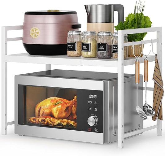DOLALIKE Expandable Microwave Stand Kitchen Countertop Organizer, White | Adjustable Microwave Oven Rack Metal Storage Shelf with 3 Hooks for Pans Small Appliances Kitchen Utensils Tableware, 2-Tier