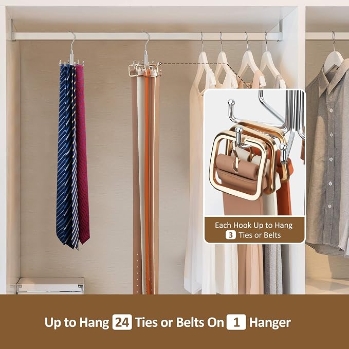 ZEDODIER Belt Organizer for Closet, Heavy-Duty Rotating Belt Hanger Tie Rack Holds up to 24 Belts, Hanging Space Saving Metal Belt Holder for Closet Storage