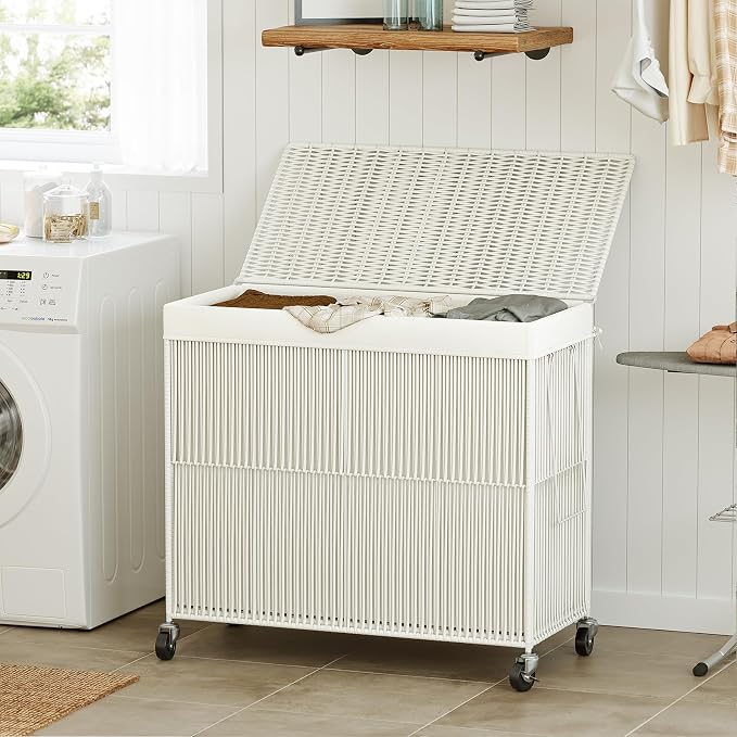 WOWLIVE Laundry Basket 3 Section, Handwoven Laundry Hamper with Wheels | Rolling Clothes Hamper with Lid and Divided Removable Bag, 160L Large Laundry Sorter, Laundry Room Organization, Creamy White