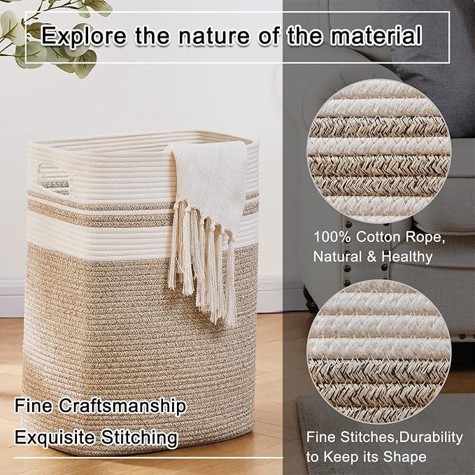 OIAHOMY Laundry Hamper-Laundry Basket,Tall Cotton Storage Basket with Handles,Decorative Blanket Basket for Living room,Collapsible Large Basket for Toys,Pillows,Clothes-16x13x22in-Yellow variegated