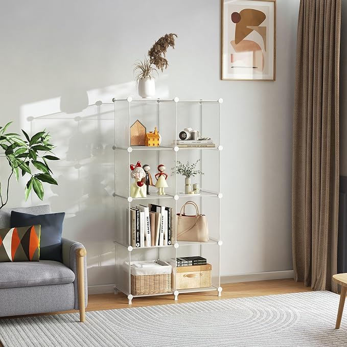 AWTATOS 8 Cube Storage Organizer, Closet Organizer Storage Shelf, Clear | DIY Stackable Storage Cubes Shelves for Closet, Bookcase Bookshelf, Plastic Shelving for Bedroom, Home Office