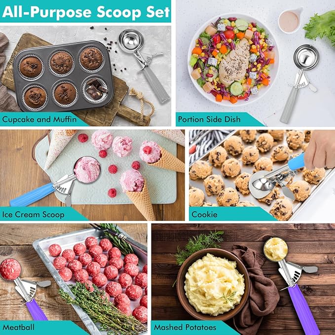 JUNADAEL J Ice Cream Scoop, Cookie Scoop Set, Incluede 1.2 OZ/ 2 OZ/ 4 OZ Scoop, Portion Control For Cookie Dough, Ice Cream, Cupcake, Muffin, Mashed Potatoes, Side Dish, Pancake