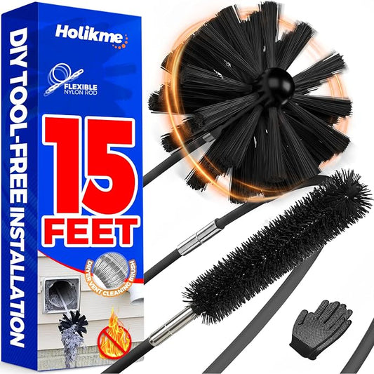 Holikme 15 Feet Dryer Vent Cleaner Kit, Lint Remover, Extends Up to 15 Feet, Synthetic Brush Head, Use with or Without a Power Drill,Black