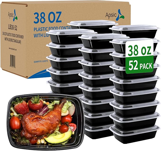 38oz Heavy Duty Meal Prep Containers, 52 Pack 1 Compartment with Lids | BPA Free Disposable Plastic Food Storage Boxes, Microwave Freezer Dishwasher Safe for Lunch, Leftovers, Restaurant Takeout