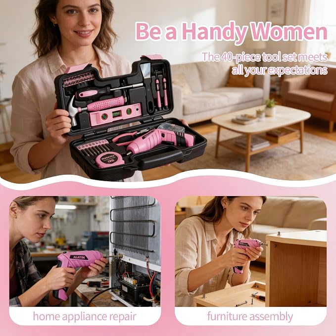 Pink Tool Set for Women,40-Pc Drill Set with Tool Box,Complete Home DIY Kit for Beginners, Crafting & Quick Fixes