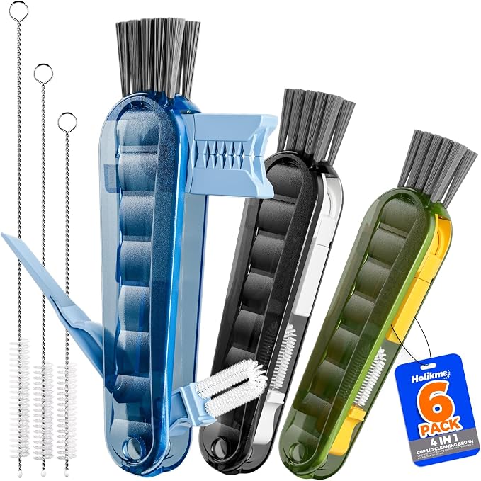 Holikme 6 Pack 4 in 1 Cup Lid Cleaning Brush 3 Straws Bottle Brush,Black | 4 in 1 Cup Lid Cleaning Brush Multifunctional Bottle Brush, Silicone Cup Lid Gap Cleaner, Bristle Crevice Cleaning Brush