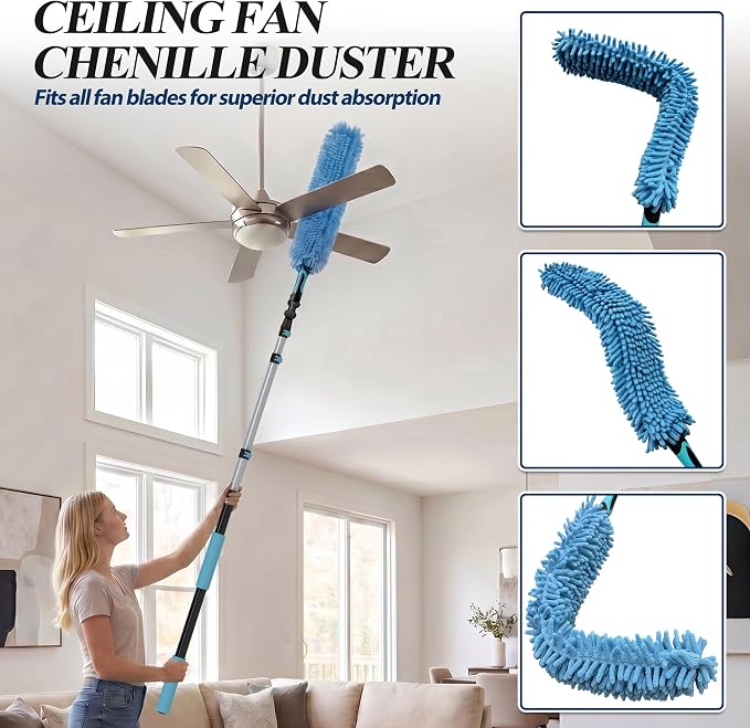 COVERONICS 20FT High Duster Cleaning Tools with 3-12FT Extension Poles | Reusable Fan Duster Cleaning Kits with Ceiling Fan Cleaner Duster, Window Squeegee, Microfiber Feather Duster & Cobweb Duster