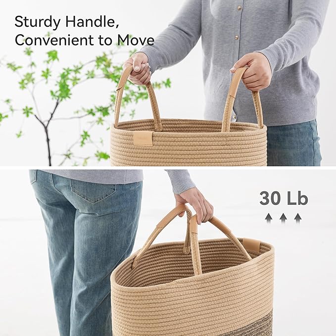 Nunsino 75L Striped Laundry Hamper with Leather Handles,Large Foldable Laundry Basket for Clothes,Cotton Rope Storage Bin for Blankets,Woven Clothes Basket for Bedroom,Dark Brown Stripes