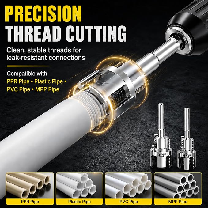 Internal & External Pipe Threading Tool(1/2'' 3/4'' Dies), 2025 New Function Pipe Thread Cutting Tool, Electric Drill Compatible PVC & Plastic Pipe Threader Kit for Home Repair (1/2"+ 3/4")