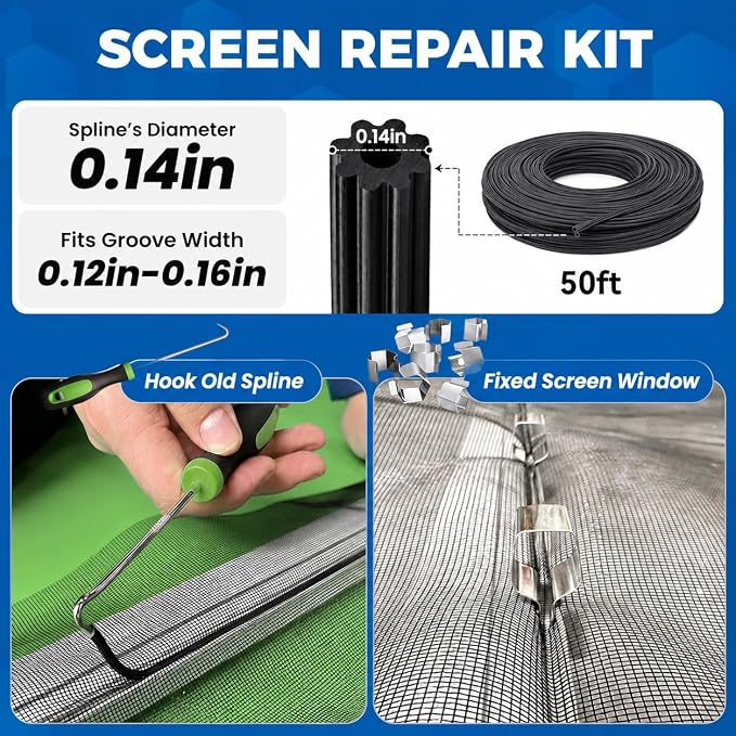 King&Charles Window Screen Replacement, 6in1 Window Screen Door Repair Kit | 59"x106" Black Screen Mesh, Steel/Nylon Bearing Roller, 0.14in x 50ft Spline, 8 Clips & Hook for Windows, Doors, Patio & RV