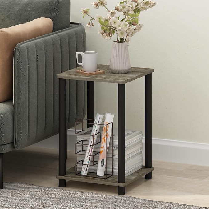 Furinno Modern Side Table, 2-Tier Square Top End Table with Open Shelf, Toolless Night Stand, Bedside Table, for Living Room, Bedroom, Grey Oak