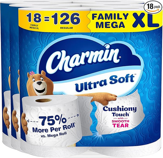 Charmin Ultra Soft Cushiony Touch Toilet Paper, 18 Family Mega XL = 126 Regular Rolls, 2-Ply, White