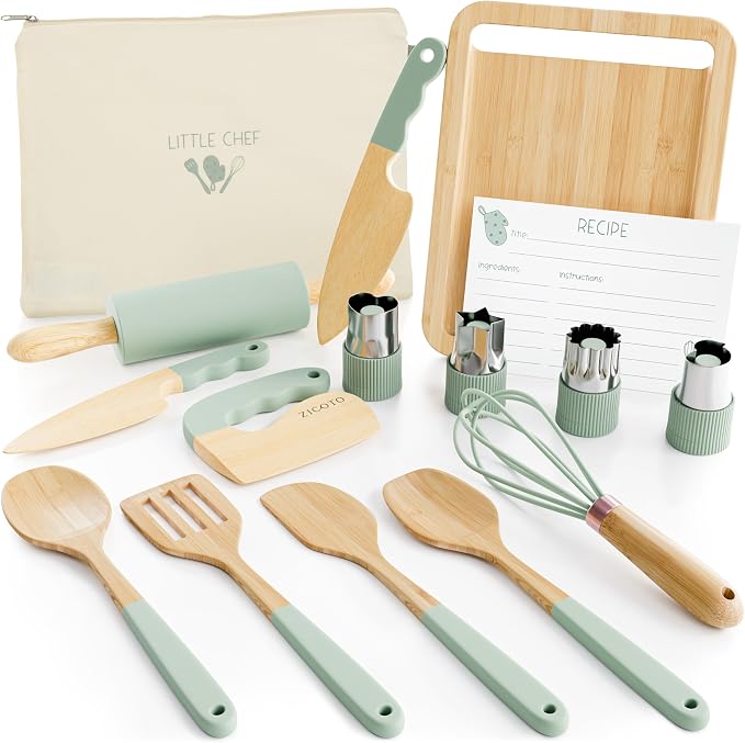 Wooden Cooking & Baking Set for Kids - Safe & Real Kitchen Tools Give Toddlers a Fun Cooking Experience - Durable Utensils are Perfect for Gifting to Create Lasting Family Memories