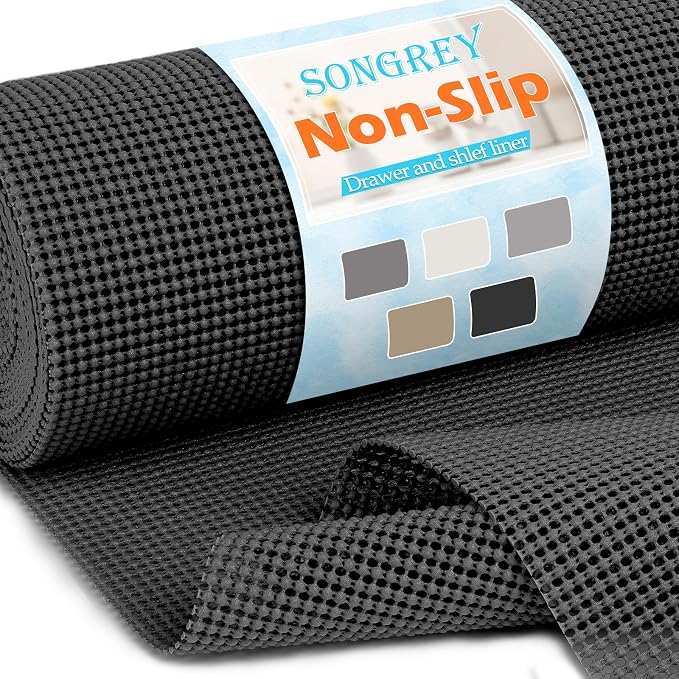 Songrey Non-Slip Shelf Cabinet and Drawer Liner, 12IN x 30FT, Black | No Adhesive Residue, Strong Grip, Thick PVC Mat, for Kitchen Shelves, Bathroom Drawers, Home Essentials, Snip to Fit