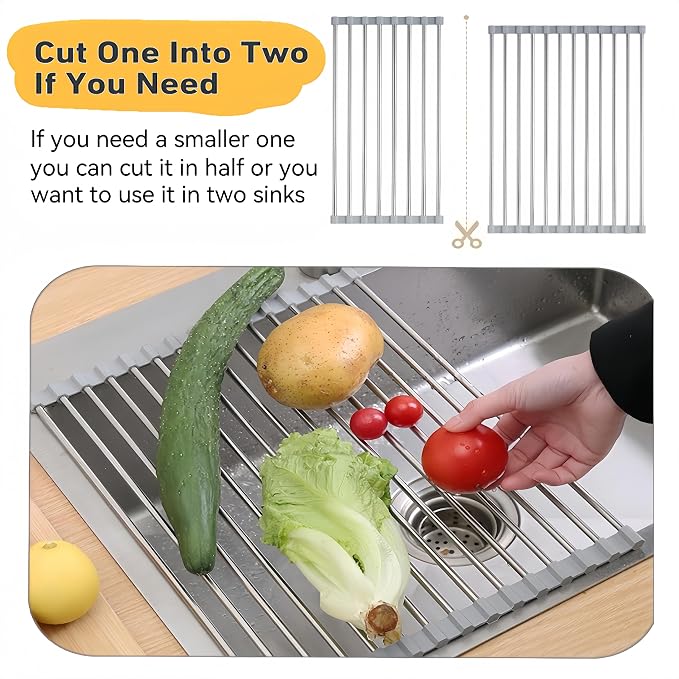 Roll Up Dish Drying Rack 19.7" x 15.8" Over The Sink Dish Drying Rack, Kitchen Dish Rack Stainless Steel Dish Drying Rack for Kitchen Sink Counter Storage (Grey)