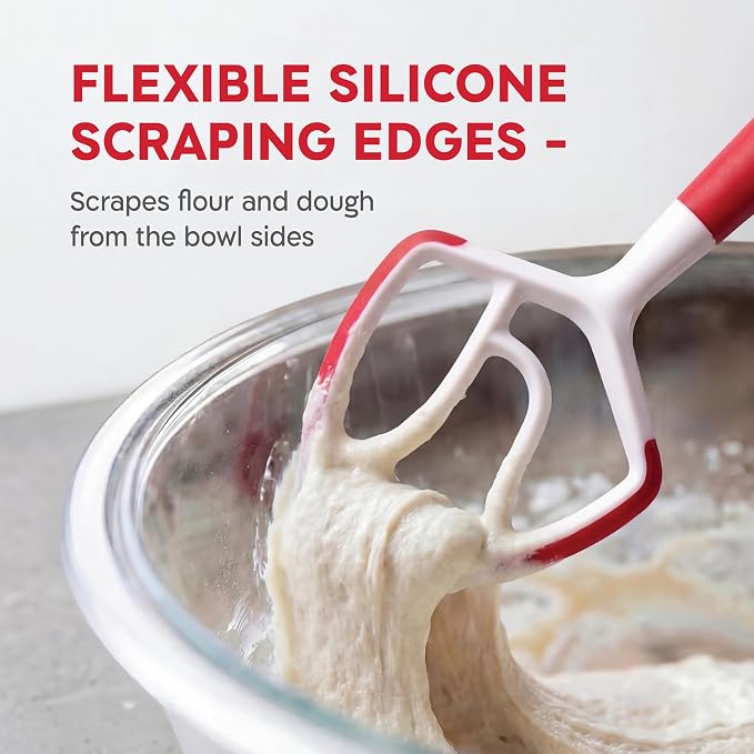 KneadAce Dough Wand, Danish Dough Whisk for Sourdough Baking, Dough Mixer with Silicone Scraping Edges, Self Standing Bowl Mixing Tool (White/Red)