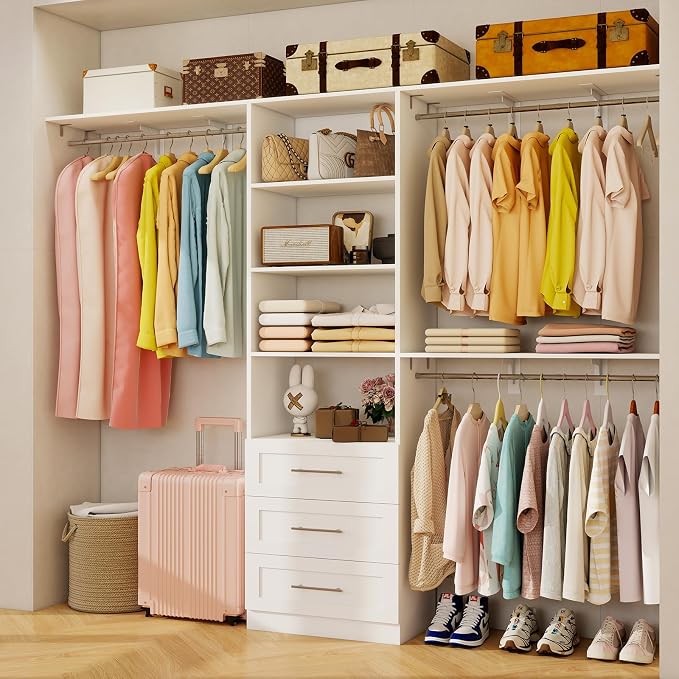 Closet System with Drawers, 5FT-8FT Closet Organizer System with 3 Side Top Shelves(Cuttable) & 3 Expandable Hanging Rods, Walk in Closet Storage Shelving System, Walk in Closet System, White