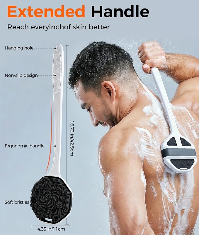 Back Scrubber for Shower - Long Handle Body Brush with Soft Bristles, Exfoliating Deep Clean, Black + Pink