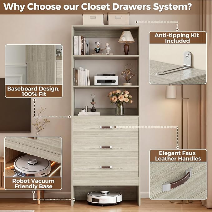 Armocity Freestanding 2FT Closet System with Leather Handles, 24" Walk-in Closets Storage Unit with Cabinet, Wood Wardrobe Closet Organizer and Storage with 3 Drawers for Small Space, White Oak
