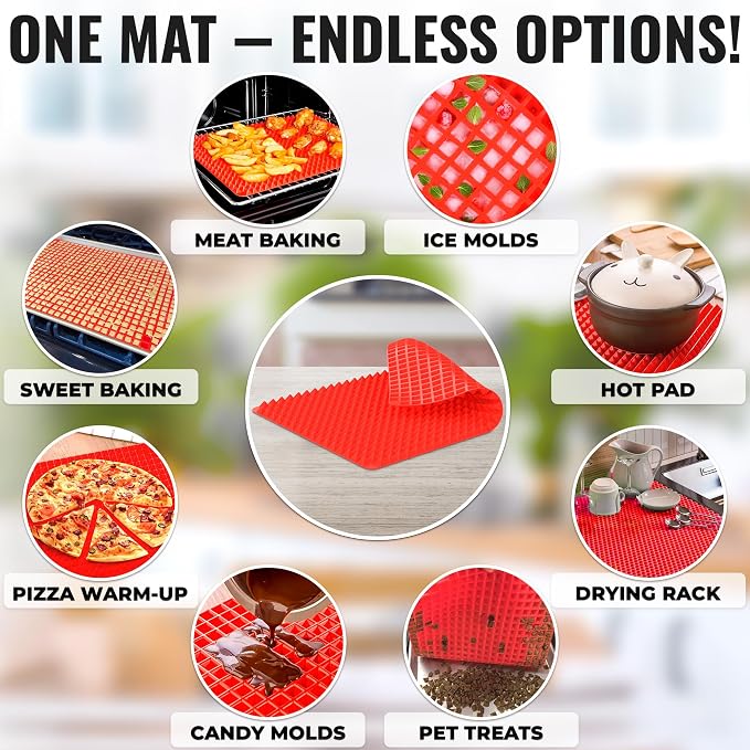 16x11.42" Non-Slip Red Pyramid Baking Mat - Easy to Clean Pyramid Pan Silicone Baking Mat with Air Circulation System - Tear- and Heat-Resistant and Flexible Oven Mats for Cooking, Roasting & BBQ
