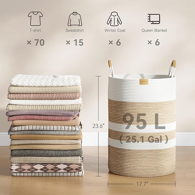 Nunsino 95L Striped Laundry Hamper with Leather Handles,Large Foldable Laundry Basket for Clothes,Cotton Rope Storage Bin for Blankets,Woven Clothes Basket for Bedroom,Beige Stripes