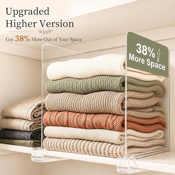 SortNStore Shelf Dividers Purse Organizer for Closet: 11-inch Tall(Extra Tall) Acrylic Sweater Organizer - Upgraded Extra Height for Large Handbags, Totes, Clothes, Towels on Wood Shelves 8-Pack