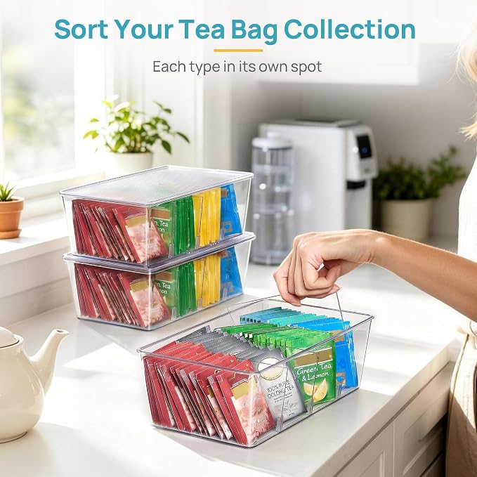Vtopmart 4 Pack Stackable Pantry Organizer Bins with Lids, Clear Plastic Storage Containers with Removable Dividers, Tea Bag Organizer for Snack Packets, Spice Packets and Kitchen Cabinet Storage