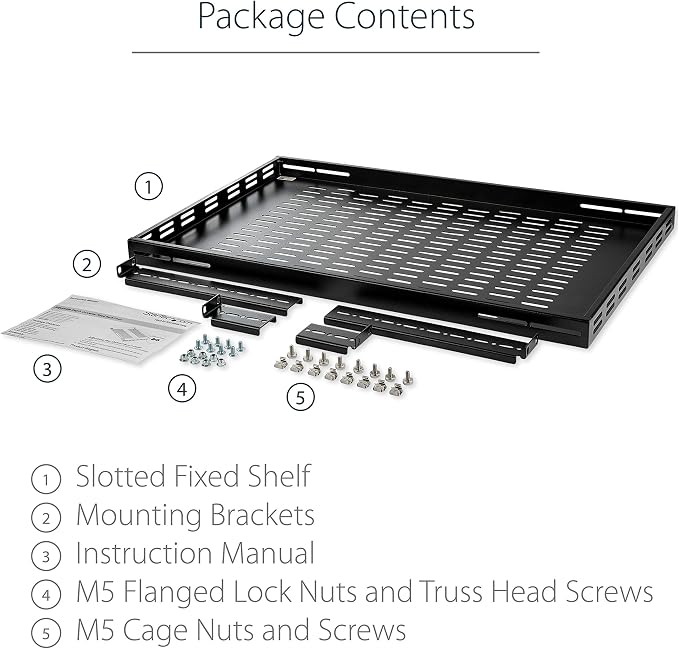 StarTech 1U Adjustable Vented Rack Shelf, 19in, 175lb, TAA (ADJSHELF) | 19.5-38in adjustable mounting depth, 27.5in deep universal tray, SPCC steel, Maximizes airflow