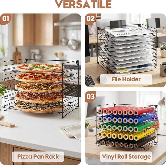Wall Mount & Tabletop Art Drying Rack for Classroom, Art Storage Rack for Painting Canvas with10 Removable Shelves, Pizza Stone Pan Rack, Desk Organizers, Vinyl Roll Storage Holder