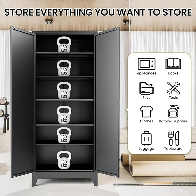 AQY 75" Pantry Cabinet, Black Freestanding Storage Cabinet with 5 Adjustable Shelves, Metal Pantry Cupboard with Ventilation Design & Hanging Hooks, 2-Door Kitchen Organizer for Living Room Kitchen