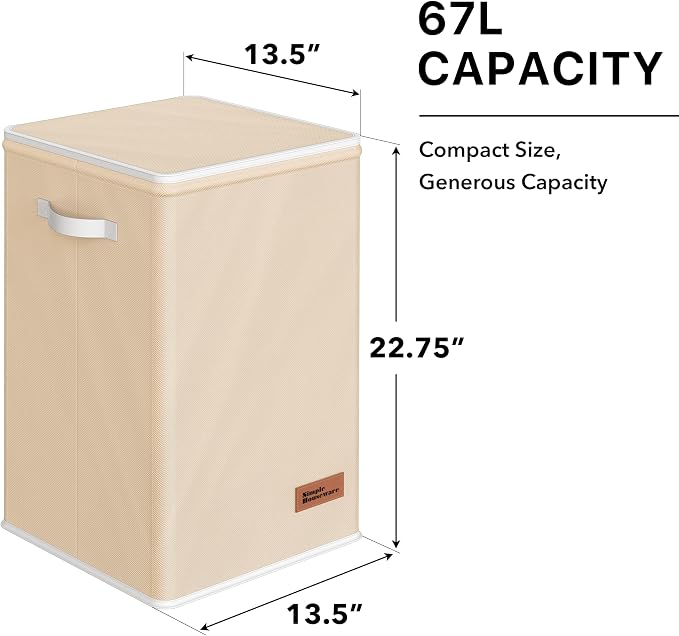 Simple Houseware Foldable Laundry Hamper Basket with Lid and Bag, Beige | Heavy Duty 600D Polyester, Water-Resistant Surface