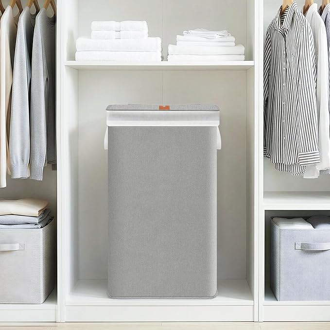 STORAGE MANIAC Metal Frame Laundry Hamper with Lid, 23.7 Gal Tall Laundry Baskets with Removeable Bag, Large Clothes Hamper with PU Tag, Laundry Bin for Dorm, Collage, Bathroom, Bedroom, Gray