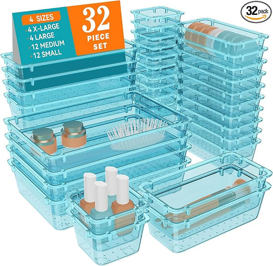 WOWBOX 32 PCS Plastic Drawer Organizer Set, 4 Sizes Desk Drawer Organization and Storage Containers for Makeup, Cosmetics, Jewelry and Gadgets in Kitchen, Bathroom, Bedroom, Office, Clear Sea Blue
