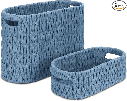 Boho Toilet Paper Storage Baskets, Cotton Rope Woven Bathroom Basket Set of 2, Standing Toilet Paper Holder for 6 Mega Rolls,Storage Bins for Toilet Tank Top, Bathroom Organizer Decor (Blue 2 Pack)