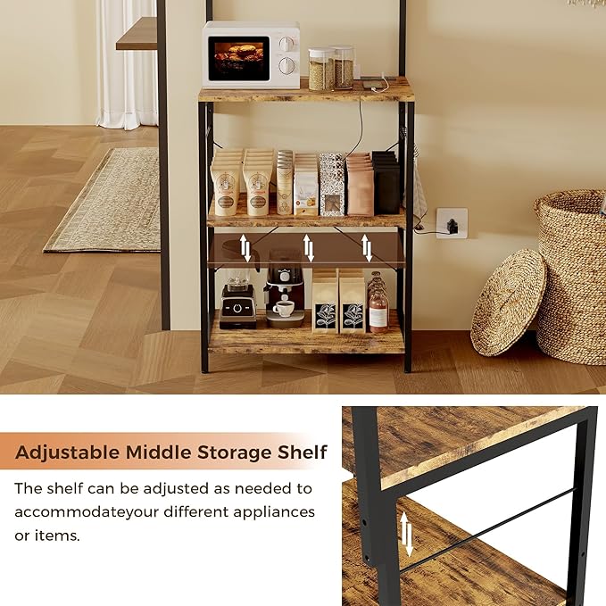 Baker's Rack for Kitchen with Outlet, Microwave Stand with Adjustable Shelves and 10 s Hooks, 6-Tier Coffee Bar Station with Storage, Kitchen Shelves for Spices, Pots