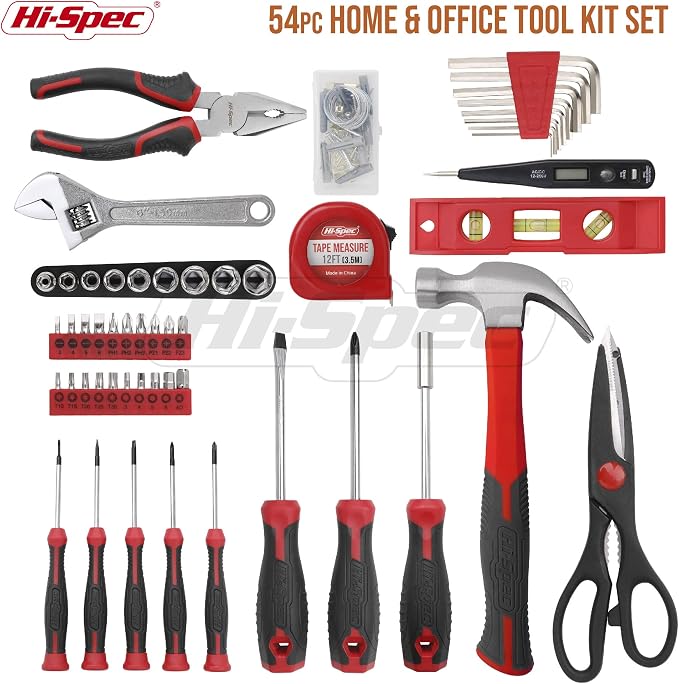 Hi-Spec Household Tool Kit - DIY Hand Tool Set with Toolbox for Home, Red | Essential DIY Hand Tools, Garage, Office maintenance, Basic Repairs, First Apartment, New Home, Everyday Home Improvement