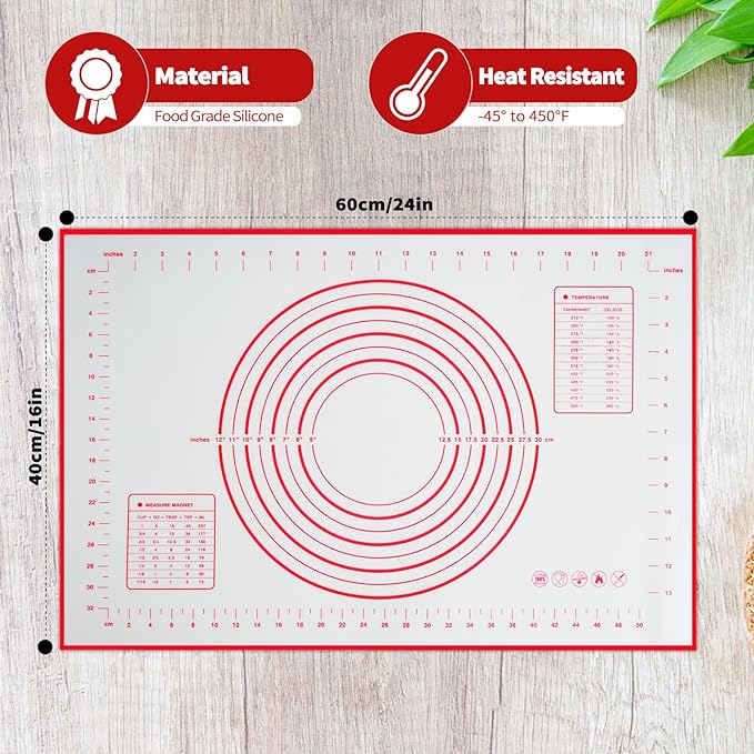 Silicone Baking Mat, 16" x 24" - Non-Slip Pastry Mat for Rolling Dough, Pie Crust & Fondant, Oven Liner with Measurement