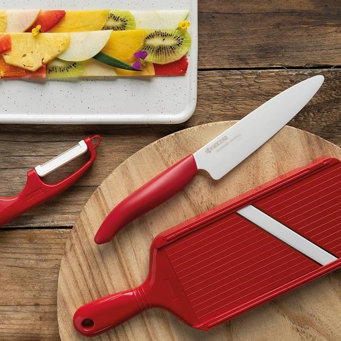 Kyocera Advanced Ceramic Adjustable Mandoline Vegetable Slicer w/ Handguard-Red 11" x 4" | KYOCERA Adjustable Mandoline Slicer: Ultra-Sharp Ceramic Blade with 4 Thickness Settings for Precision Vegetable Slicing