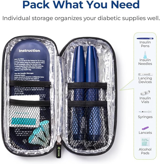 AUVON Insulin Cooler Travel Case, Diabete Care, 2x90g TSA-Approved Ice Pack | Diabetic Medication Insulated Cooling Bag for 2 Insulin Pens and Diabetic Supplies Storage, Compact for Daily Life and Trips